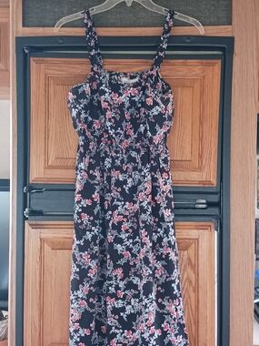 Black Floral Maxi Sundress with Pink & White Blooms